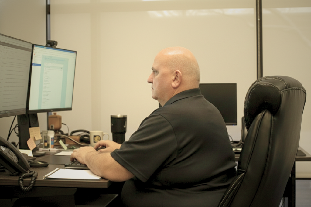 an office staff in a black polo shirt sitting, working at a desk with dual computer monitors