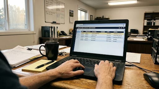 IT management support for a commercial service business owner reviewing dispatch assignments and job schedules on a laptop at the start of the workday.
