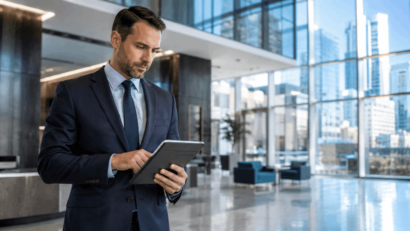 Commercial real estate broker securely reviewing lease documents on a tablet in a modern office building lobby