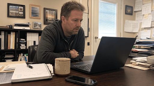 Small business owner reviewing Microsoft 365 security settings on a laptop at their office desk, looking concerned about potential security gaps.