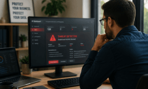 Man reviewing cybersecurity threat alert dashboards on desktop monitor and laptop in a modern office workspace.