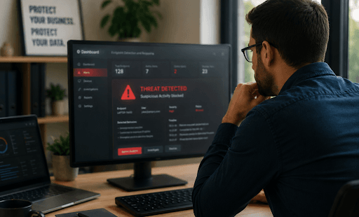Man reviewing cybersecurity threat alert dashboards on desktop monitor and laptop in a modern office workspace.