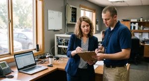 A small business owner and an IT technician reviewing a printed business continuity checklist together in a small office.