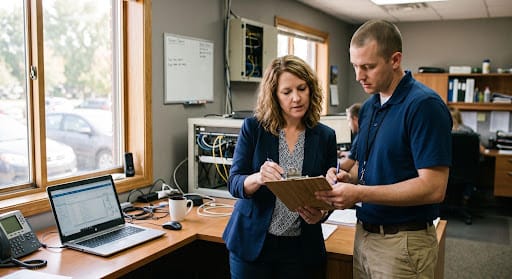 A small business owner and an IT technician reviewing a printed business continuity checklist together in a small office.