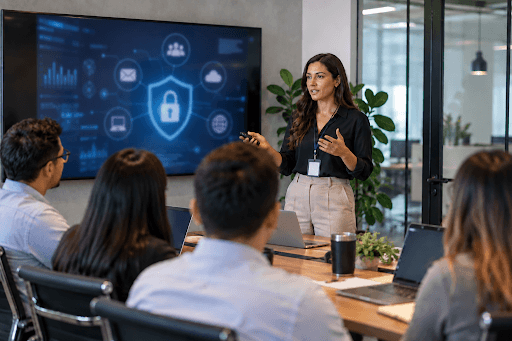 Employee cybersecurity awareness training session with a presenter explaining digital security risks and best practices to staff in a modern office.